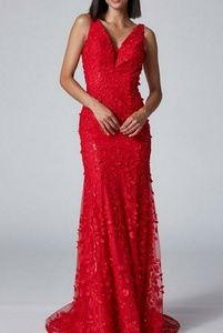 Red lace sheath low back dress.